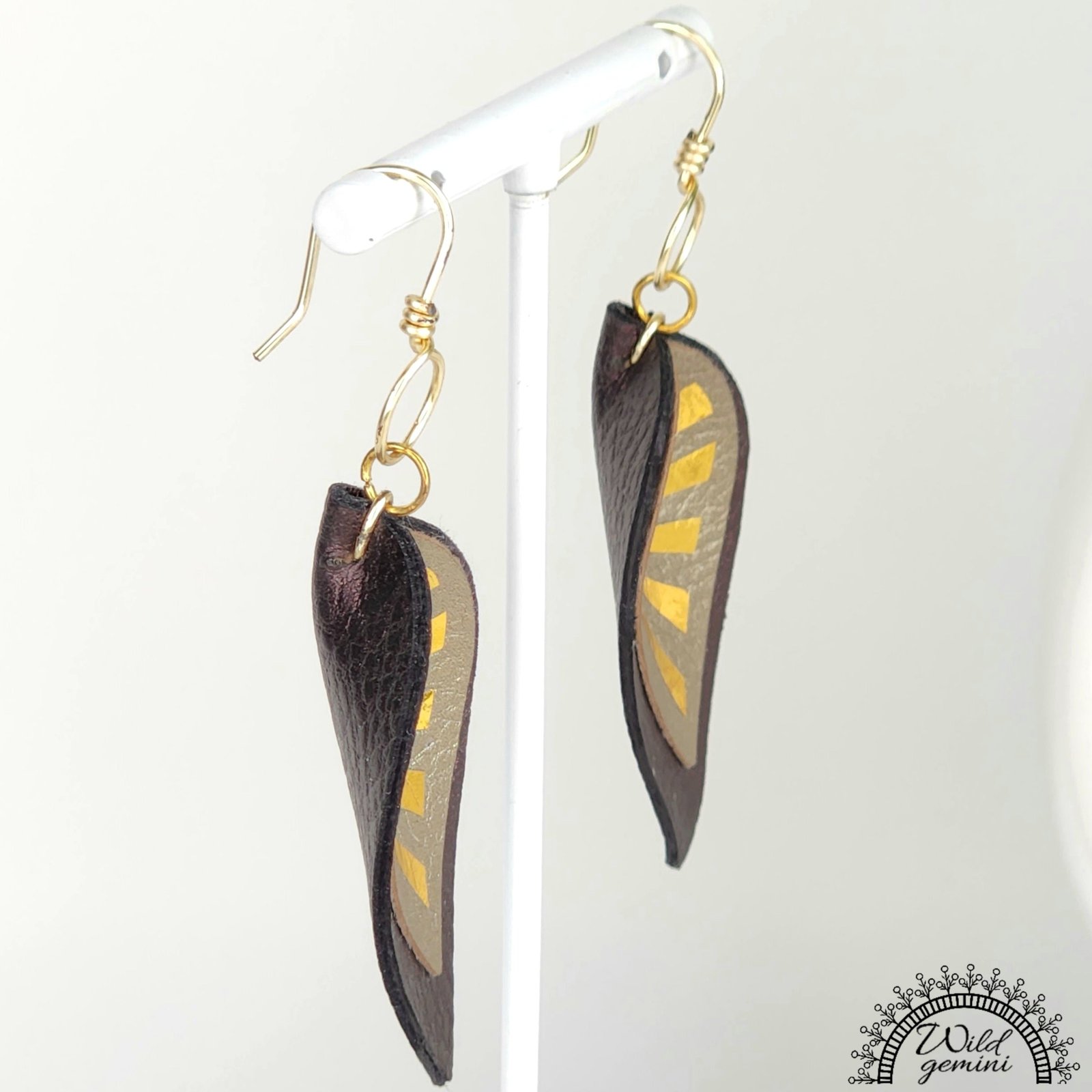 Boho Sun Leather Earrings โ Handmade Two-Layer Faux Leather Drops in Brown & Beige with Golden Sun Design & Gold Hooks, 2.45โ Long - Image 4