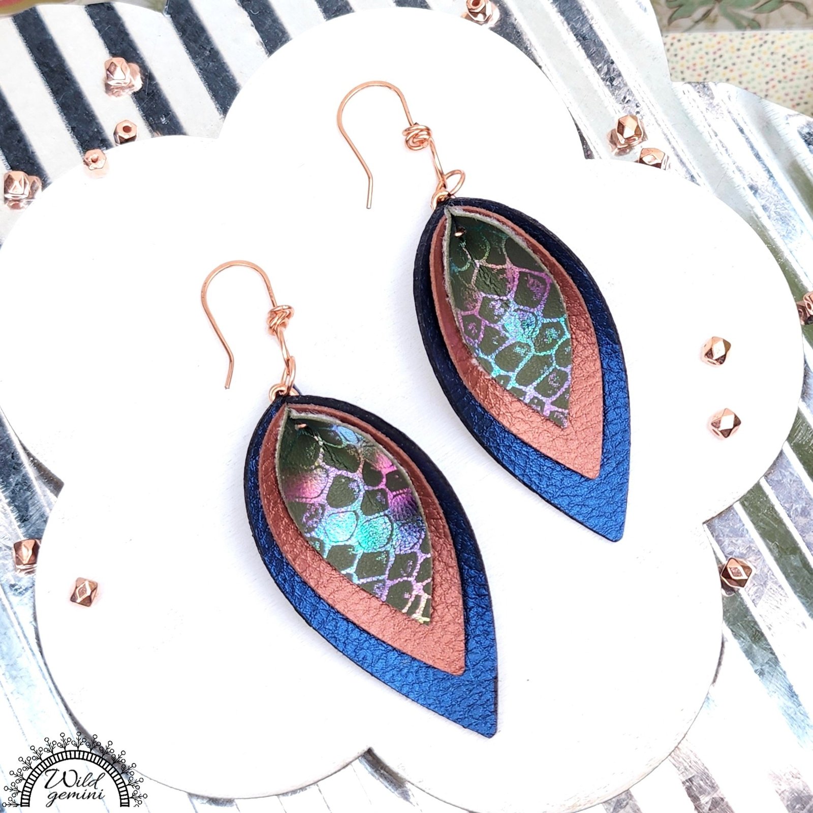 Boho Triple Layer Leather Earrings โ Handmade Faux Leather Drops in Blue, Brown & Multicolor with Copper Hooks, 3โ Long Statement Dangles - Image 2