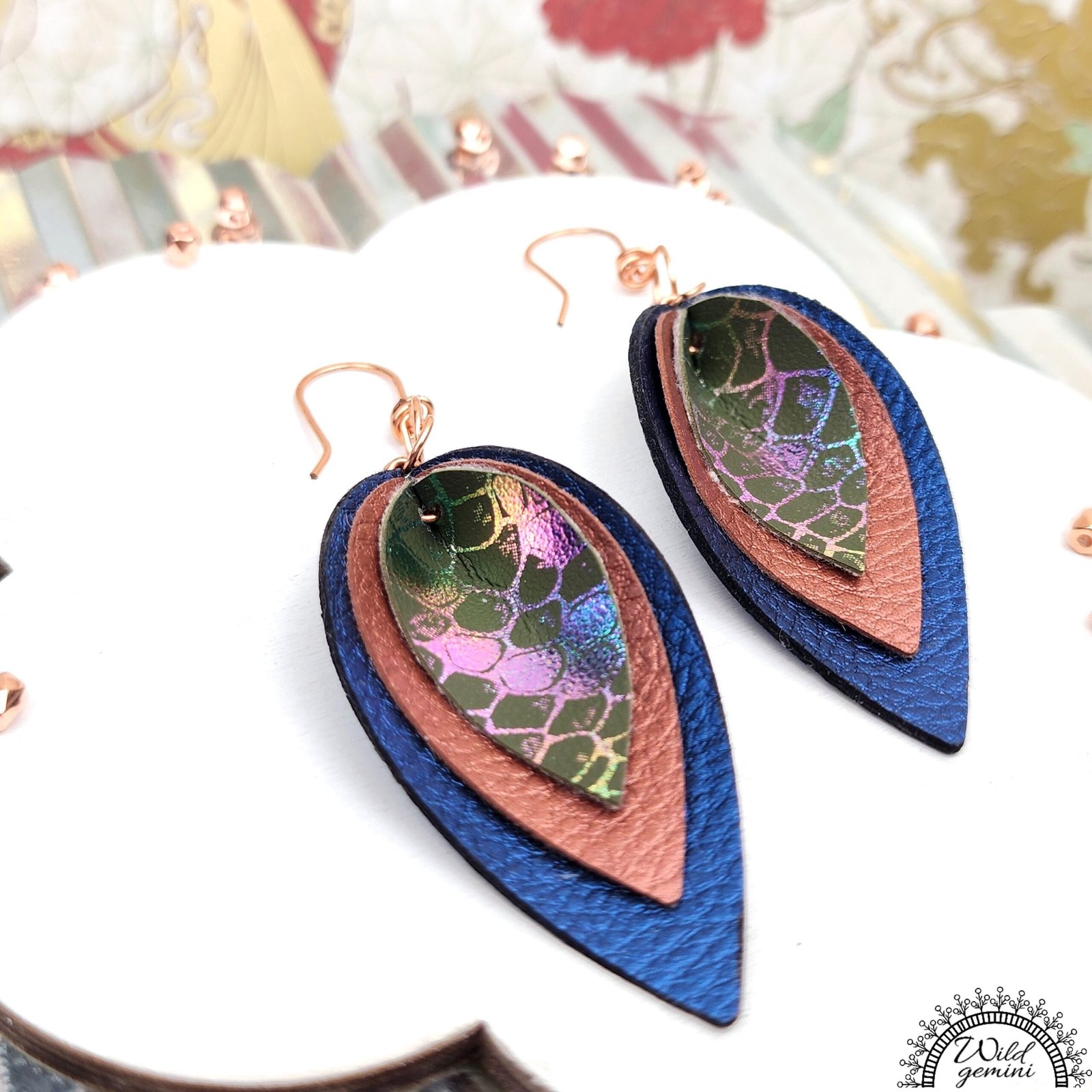 Boho Triple Layer Leather Earrings โ Handmade Faux Leather Drops in Blue, Brown & Multicolor with Copper Hooks, 3โ Long Statement Dangles