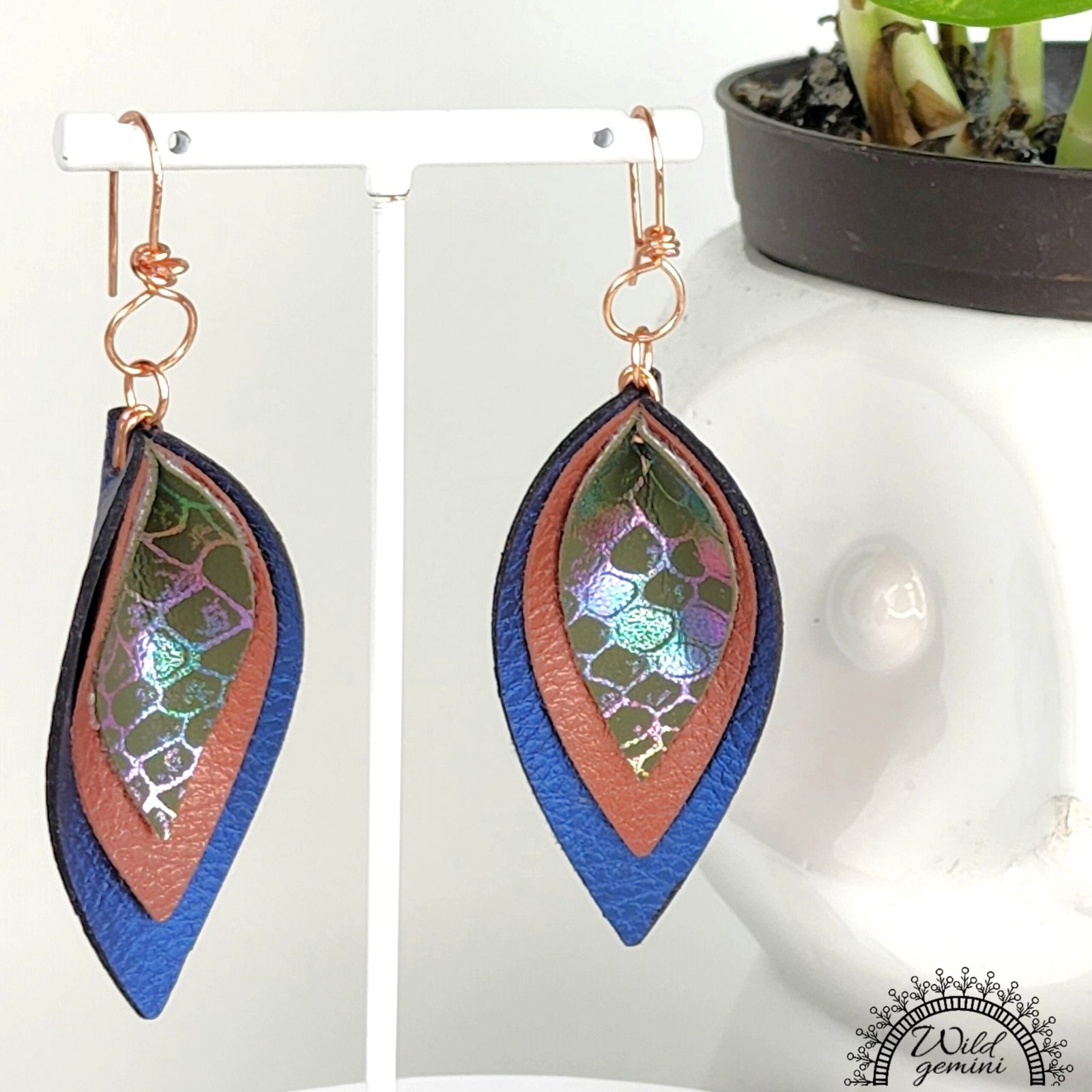 Boho Triple Layer Leather Earrings โ Handmade Faux Leather Drops in Blue, Brown & Multicolor with Copper Hooks, 3โ Long Statement Dangles - Image 3
