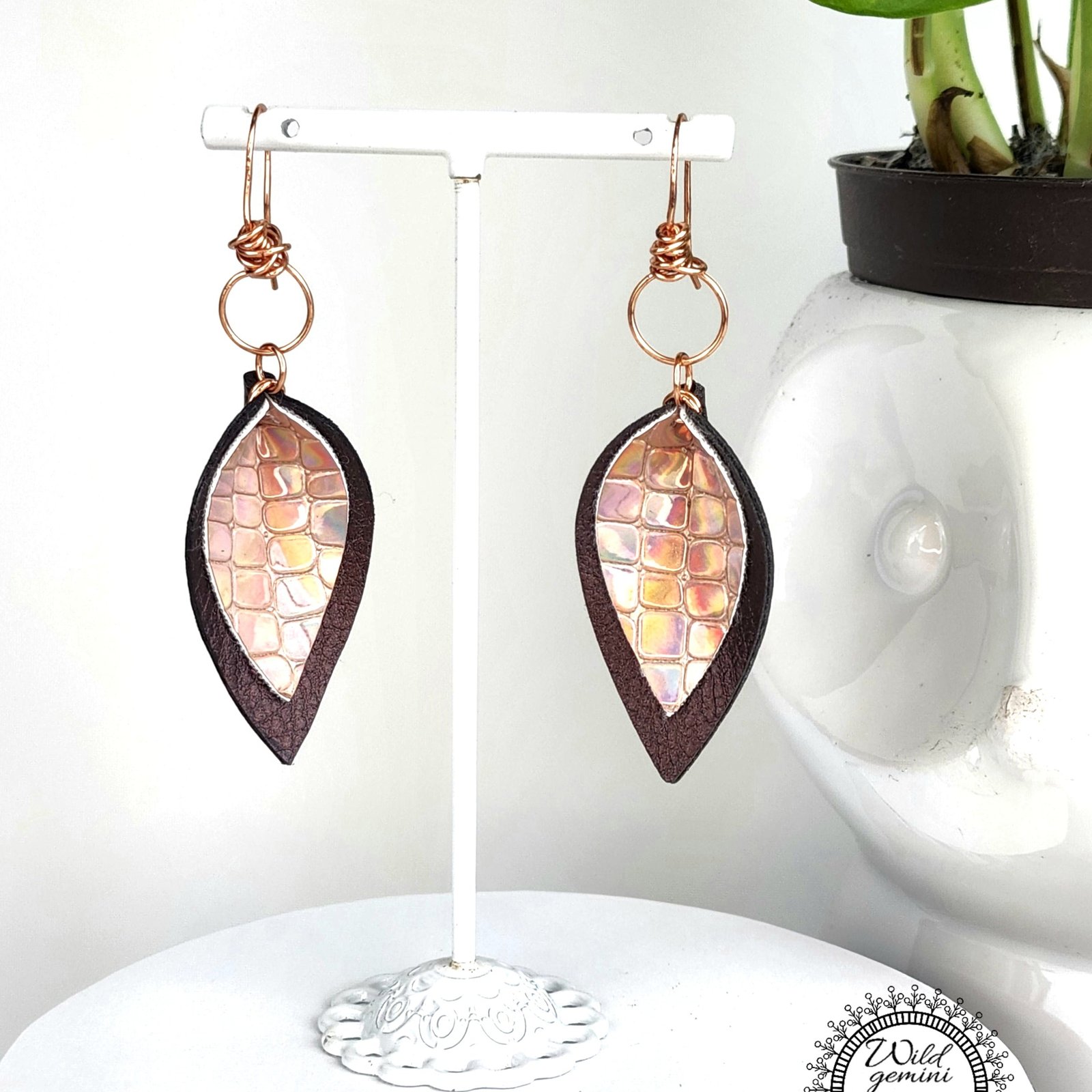 Boho Leather Layered Earrings โ Handmade Brown & Gold Faux Leather Drops with Gold Hooks, 2.75โ Long Lightweight Dangles - Image 3