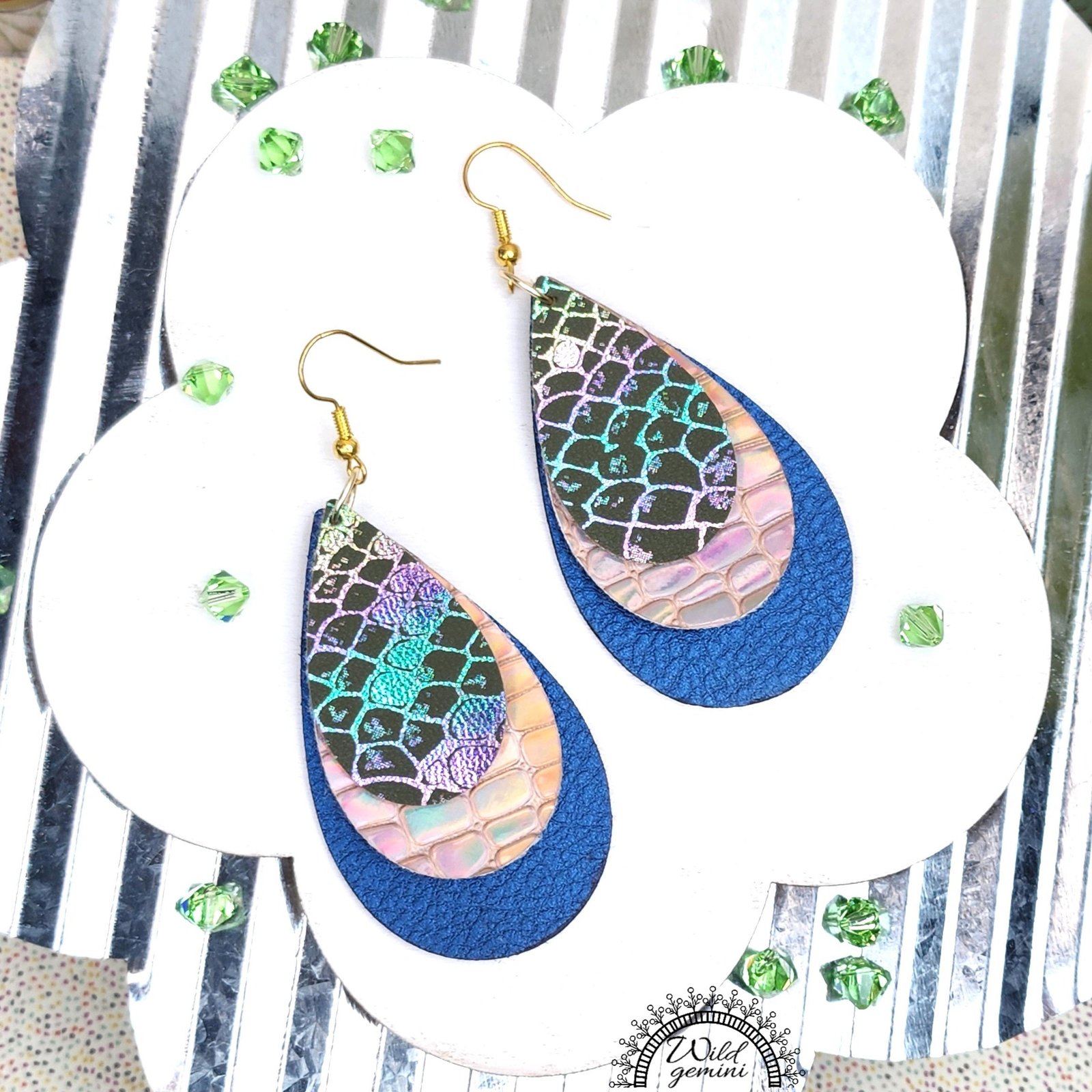 Boho Leather Drop Earrings โ Handmade Earrings in Blue, Gold & Multicolor Faux Leather with Golden Hooks, 3โ Long Statement Jewelry