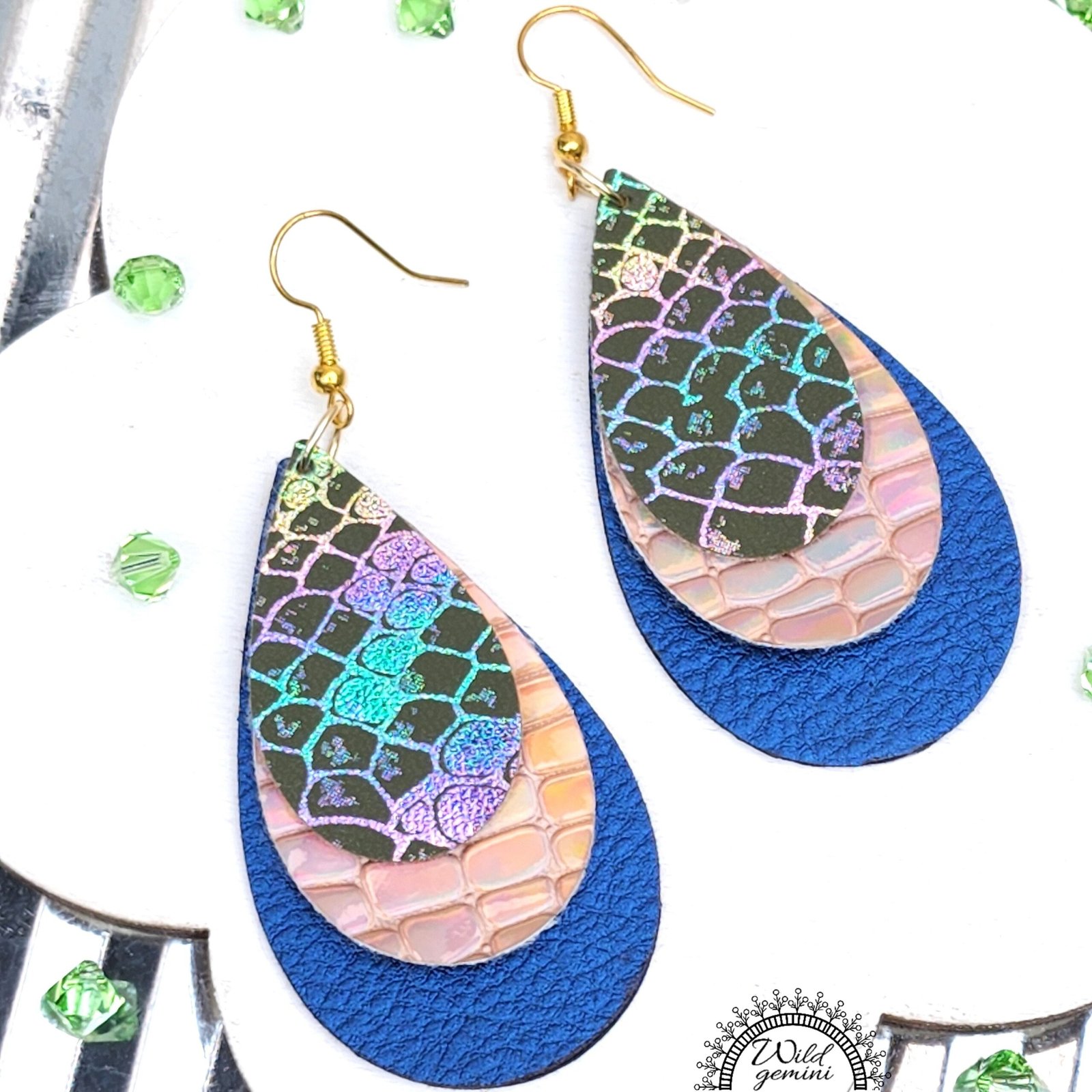 Boho Leather Drop Earrings โ Handmade Earrings in Blue, Gold & Multicolor Faux Leather with Golden Hooks, 3โ Long Statement Jewelry - Image 2