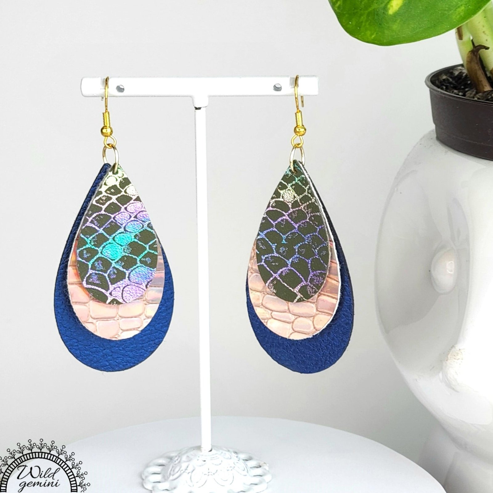 Boho Leather Drop Earrings โ Handmade Earrings in Blue, Gold & Multicolor Faux Leather with Golden Hooks, 3โ Long Statement Jewelry - Image 3
