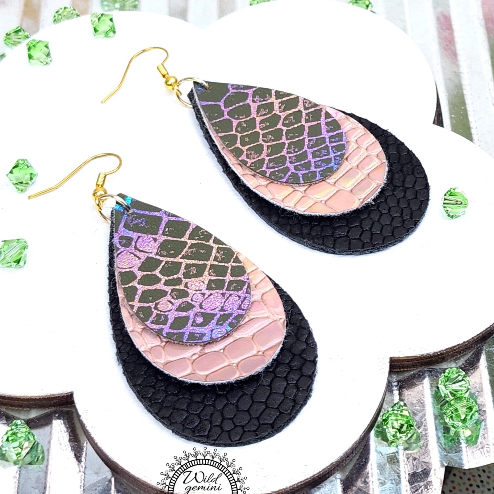 Boho Statement Earrings โ Handmade Faux Leather Drops in Black, Gold & Multicolor with Golden Hooks, 3โ Long Lightweight Dangles - Image 2