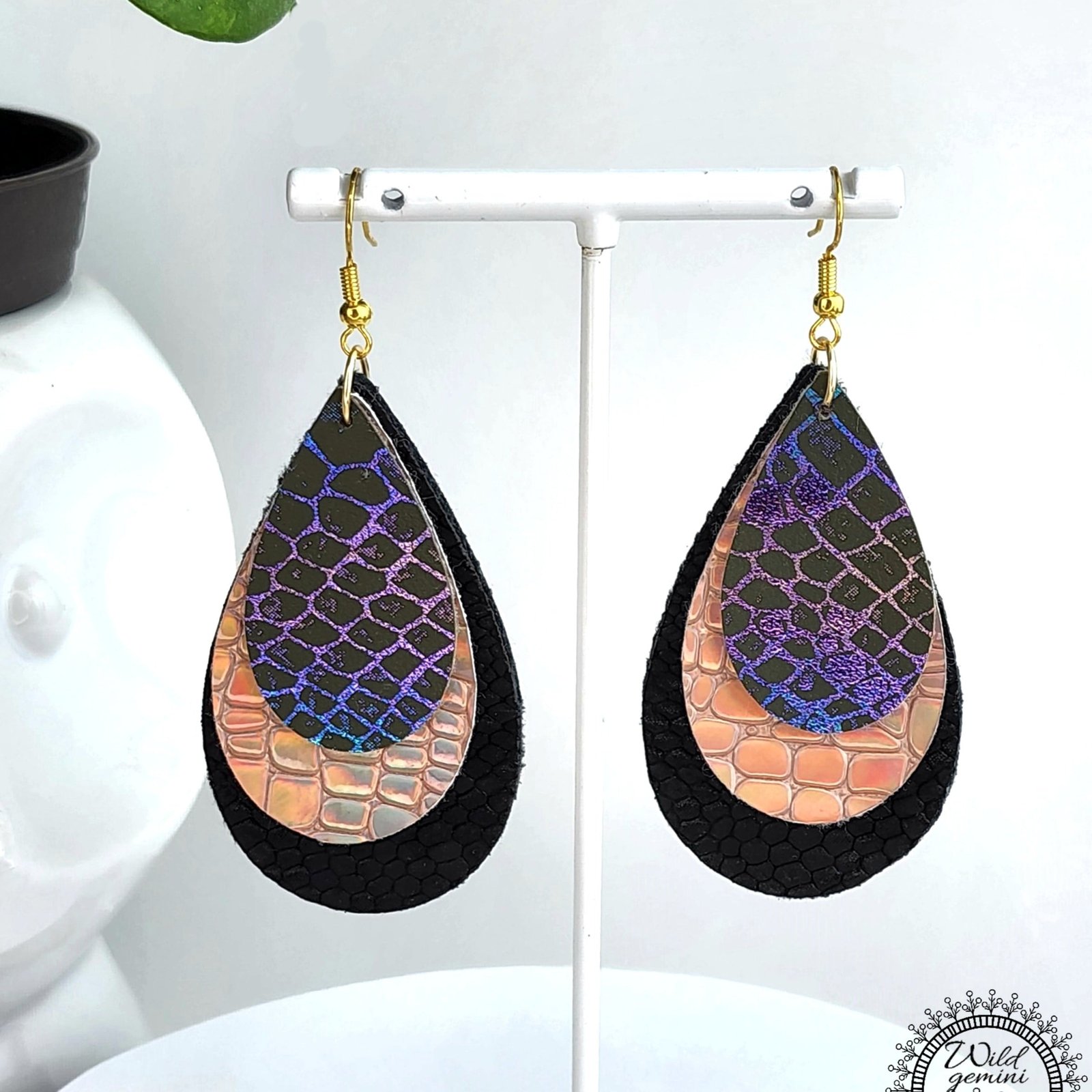 Boho Statement Earrings โ Handmade Faux Leather Drops in Black, Gold & Multicolor with Golden Hooks, 3โ Long Lightweight Dangles - Image 3