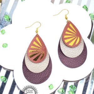 Boho Sunburst Drop Earrings โ Handmade Faux Leather Dangles in Brown, Beige & Copper with Golden Sun Design & Gold Hooks, 3โ Long