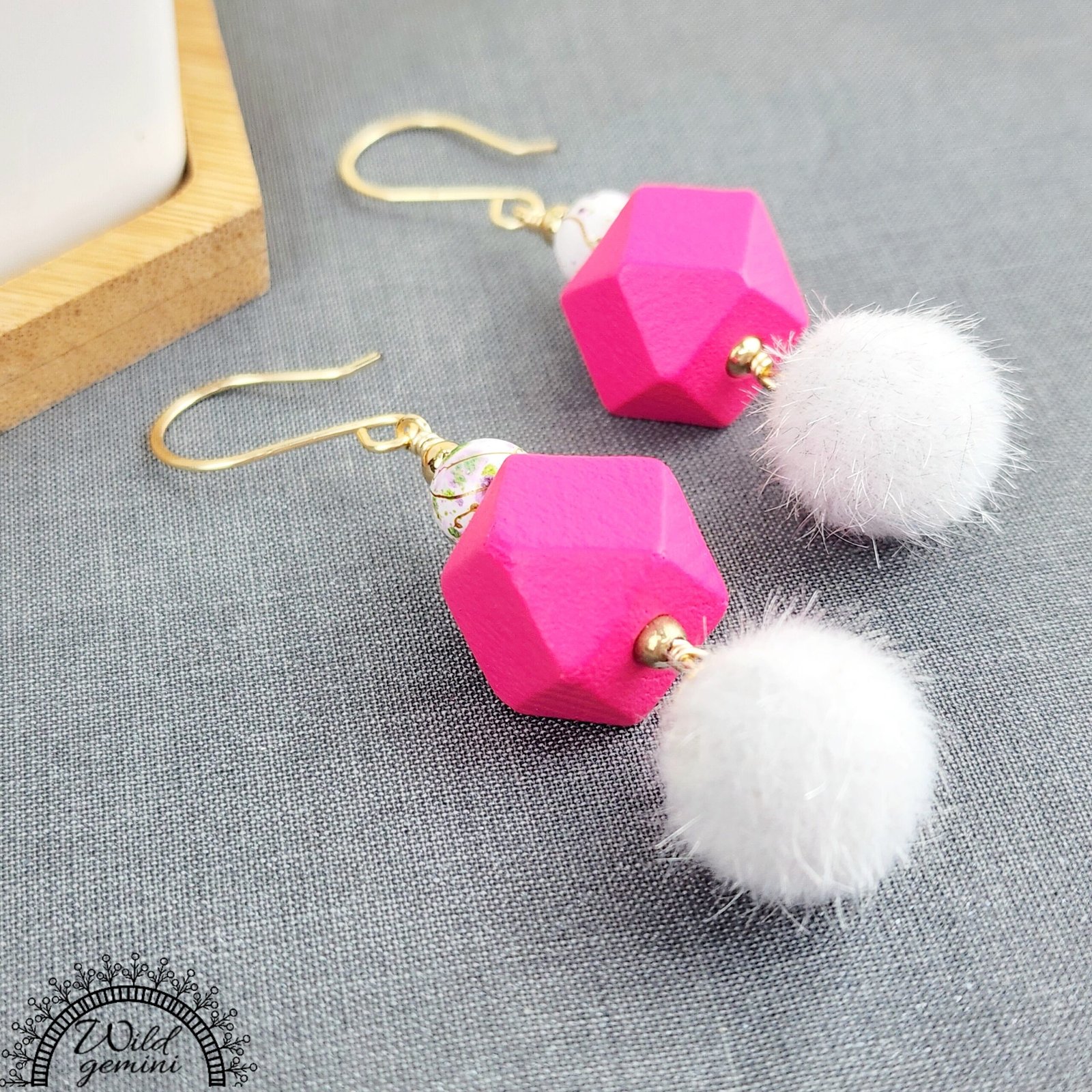 Boho Fuzzy Bead Earrings โ Handmade Dangles with White Fuzzy Balls, Fuchsia Wooden Hexagons & Enameled Glass Beads, 3โ Long