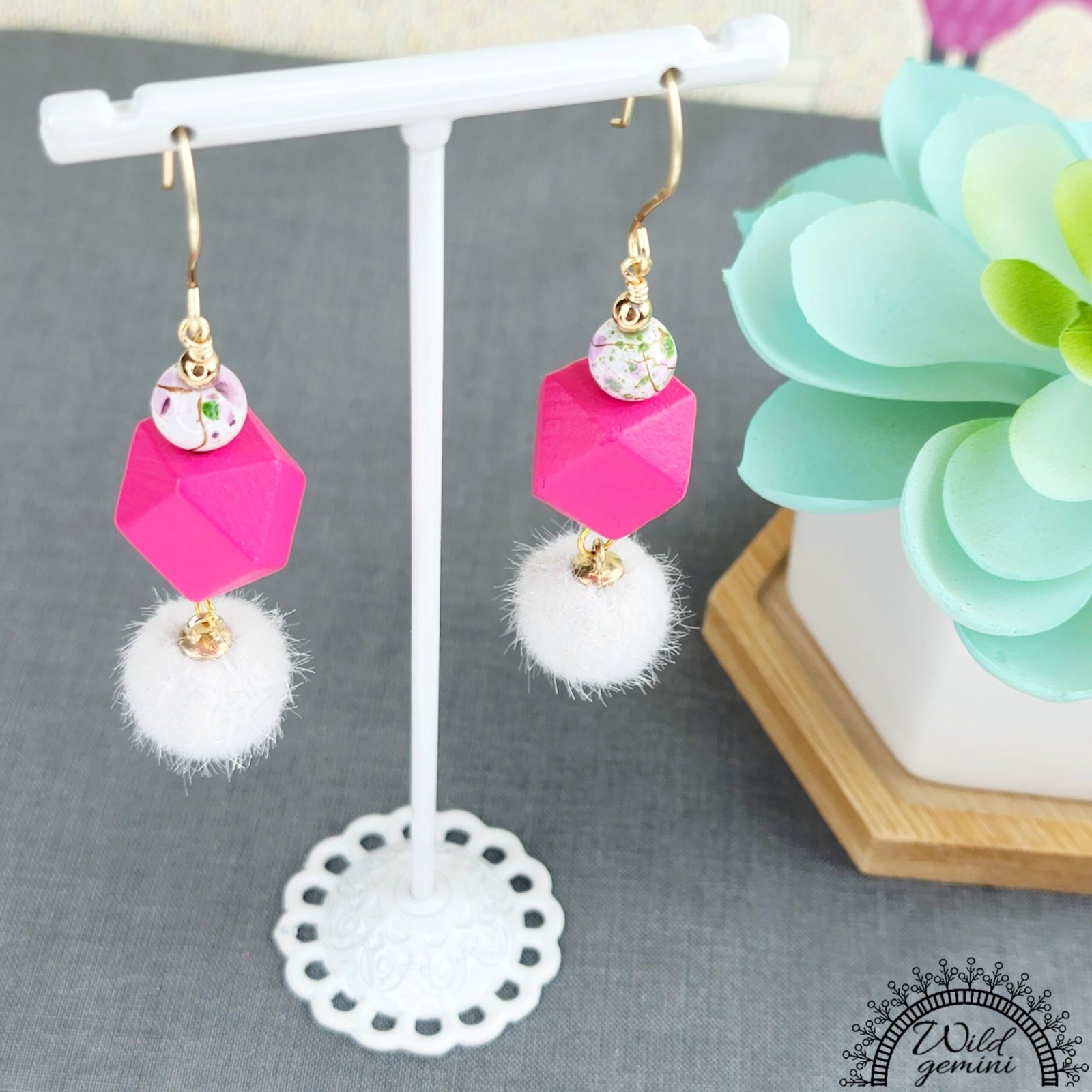Boho Fuzzy Bead Earrings โ Handmade Dangles with White Fuzzy Balls, Fuchsia Wooden Hexagons & Enameled Glass Beads, 3โ Long - Image 3
