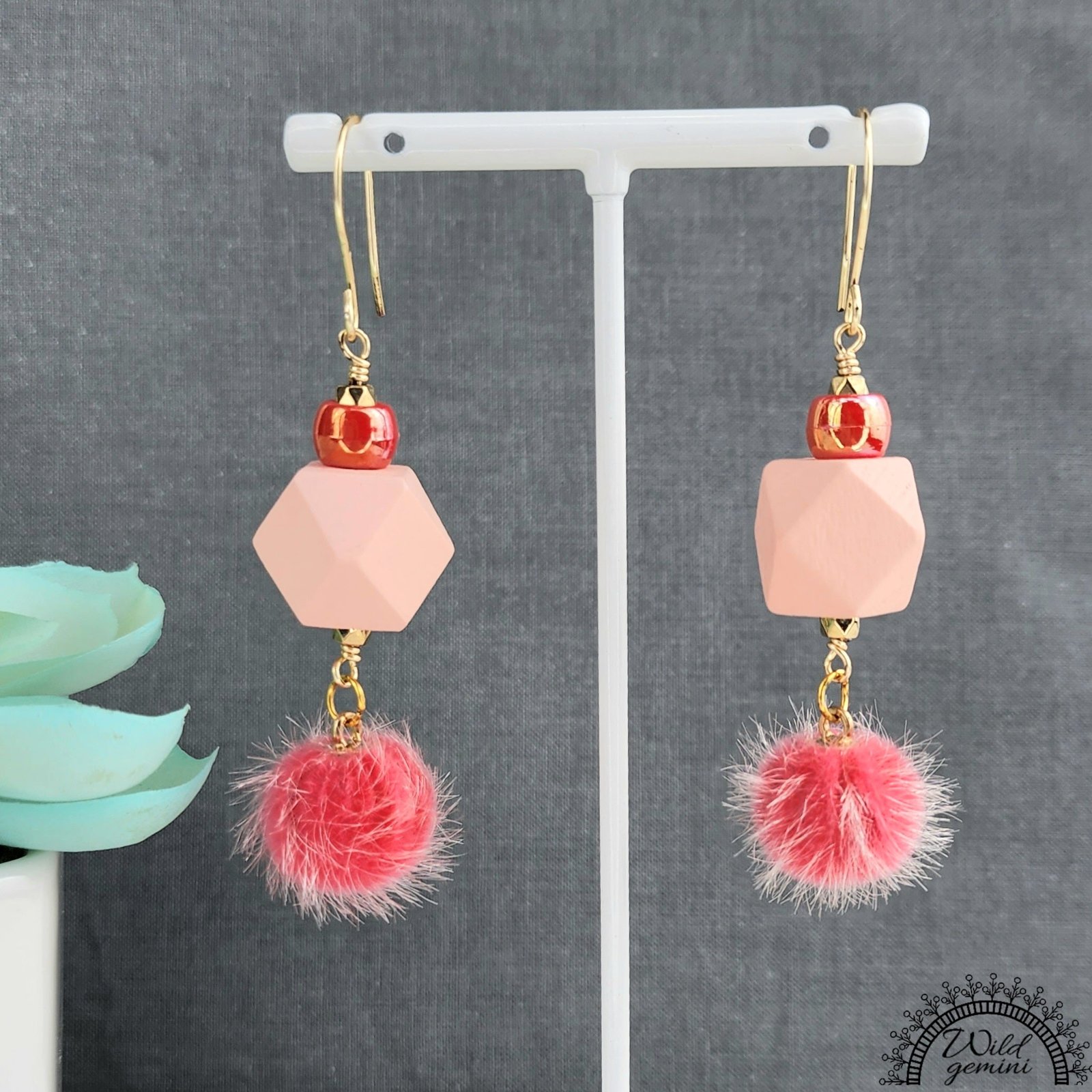 Boho Coral Earrings โ Handmade Dangles with Fuzzy Beads, Iridescent Rondelles & Pink Wooden Hexagons, 3โ Long with Gold Hooks - Image 2