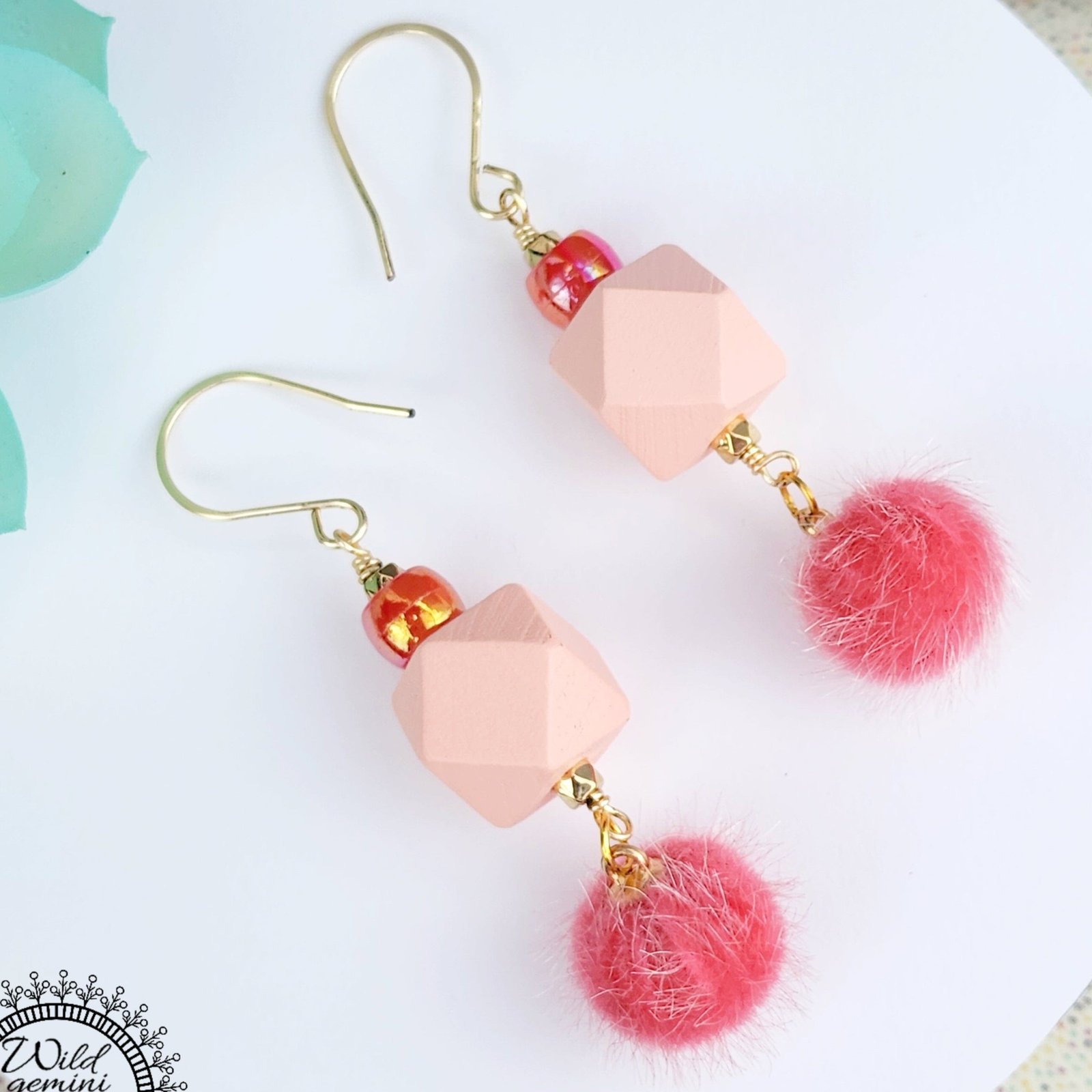 Boho Coral Earrings โ Handmade Dangles with Fuzzy Beads, Iridescent Rondelles & Pink Wooden Hexagons, 3โ Long with Gold Hooks