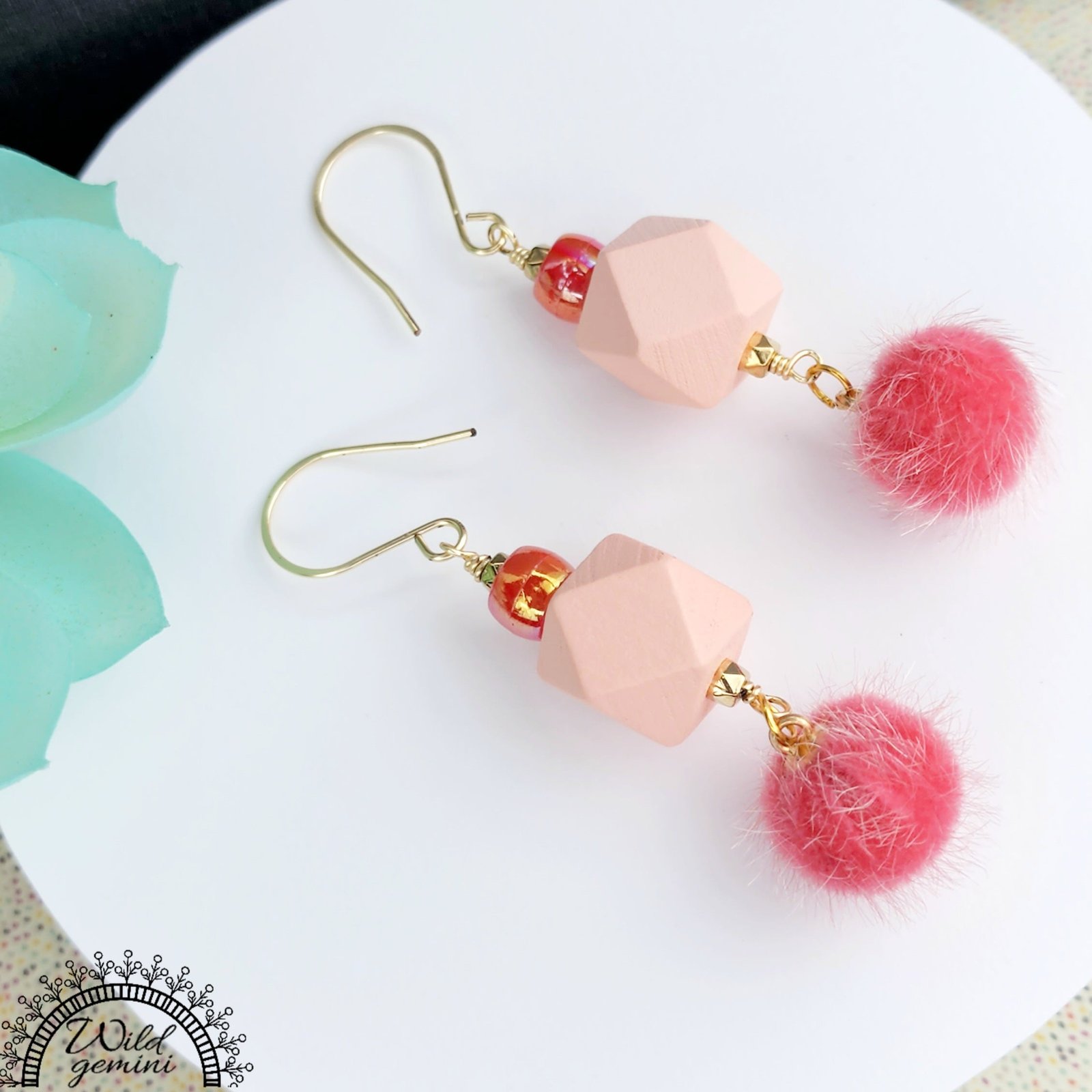 Boho Coral Earrings โ Handmade Dangles with Fuzzy Beads, Iridescent Rondelles & Pink Wooden Hexagons, 3โ Long with Gold Hooks - Image 3
