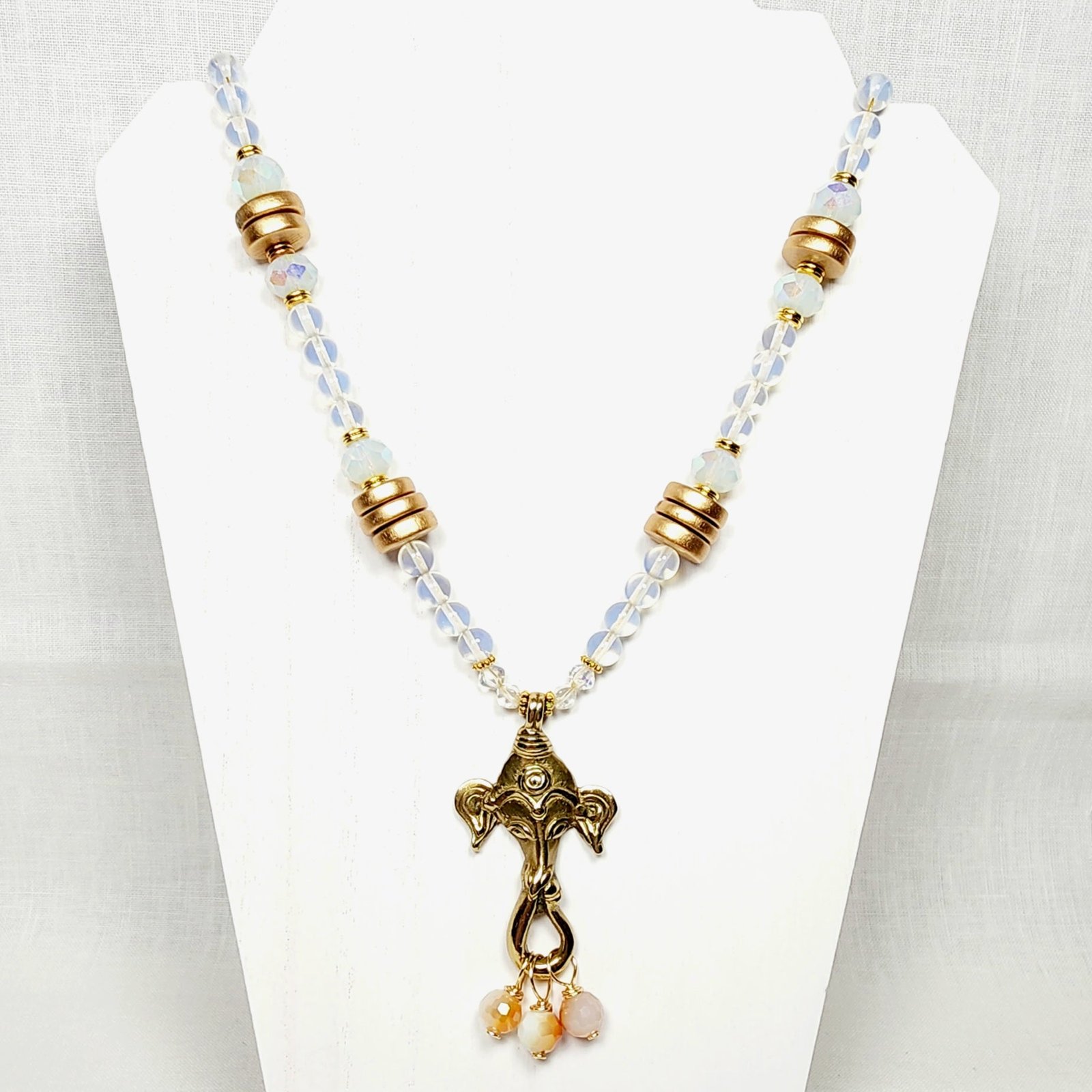 Ganesh Pendant Necklace โ Boho Moonstone Jewelry with Tibetan Elephant, Wood Beads, Gold Accents & Adjustable Cord - Image 2