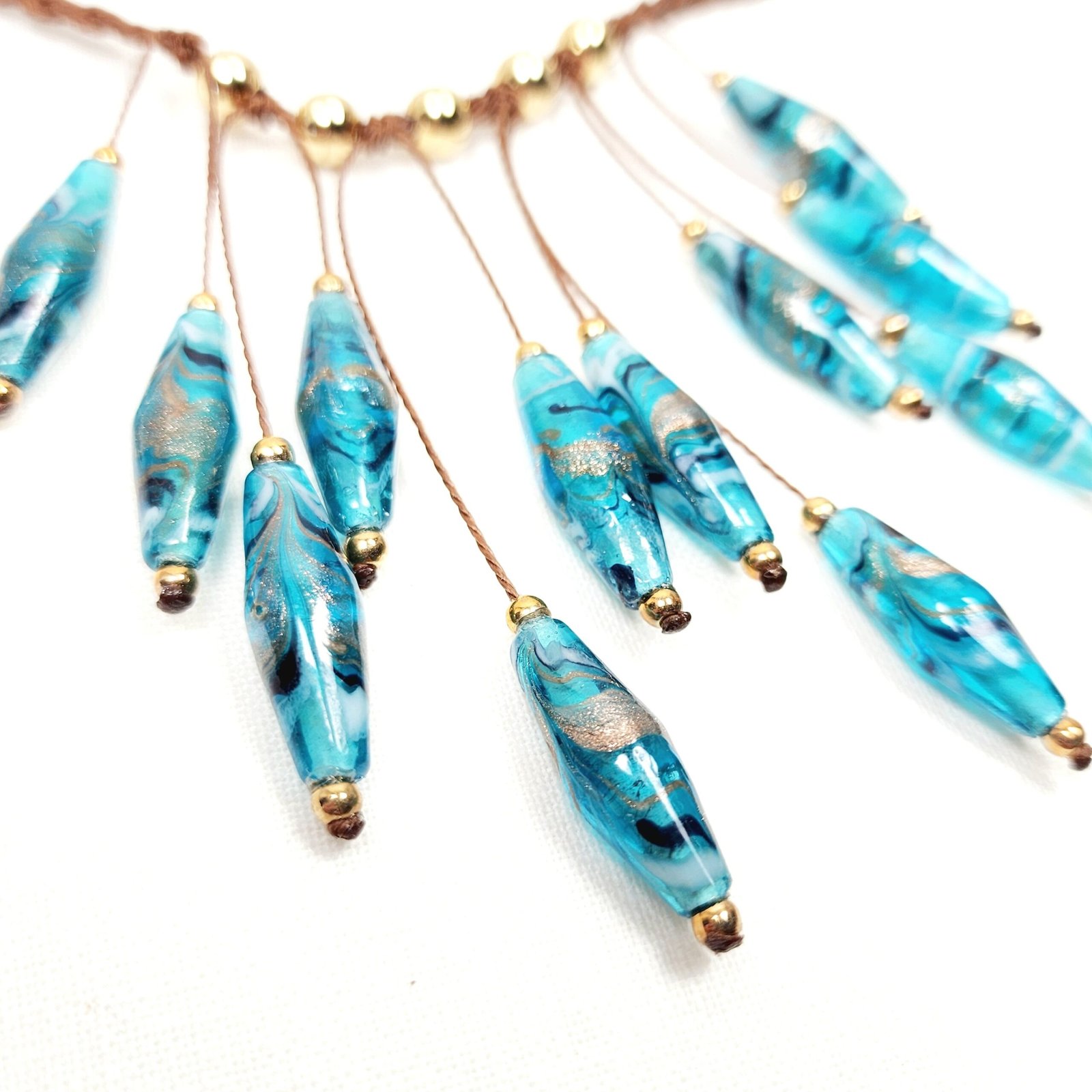 Teal Glass Boho Necklace โ Handmade Jewelry with Rhombus Lampwork Beads, Golden Accents & Adjustable Braided Brown Cotton Cord - Image 4