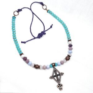 Boho Brass Cross Necklace – Handmade Antique Pendant with Teal & Multicolor Glass Beads on Adjustable Purple Leather Cord – 32” Statement Jewelry