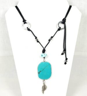 Turquoise Pendant Necklace – Handmade Boho Jewelry with Lampwork Glass, Silver Hope Rings & Adjustable Black Cord – 42” Statement Gift