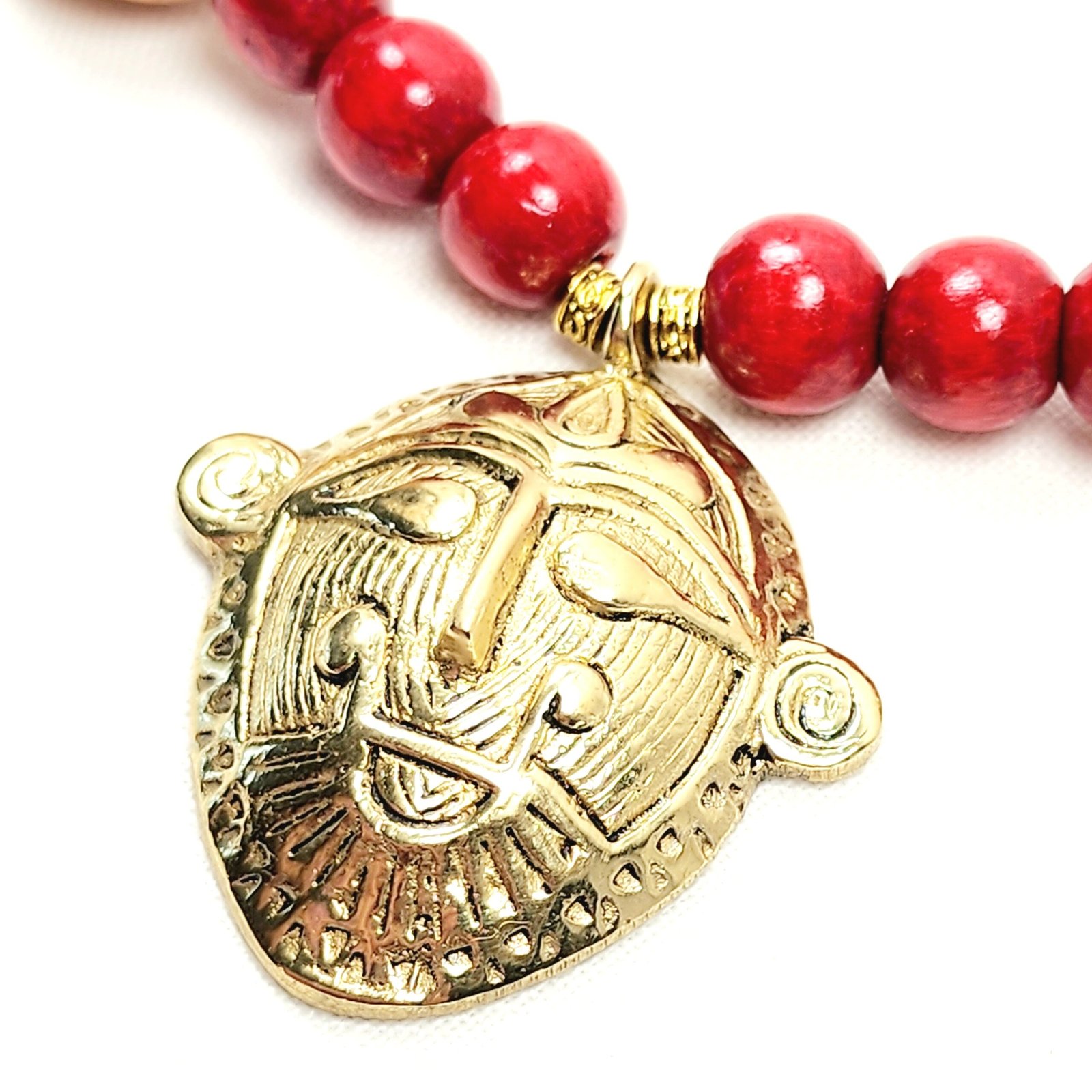 Ashanti Brass Mask Necklace – Handmade African Tribal Jewelry with Ghana Pendant, Wooden & Gold Beads on Adjustable Brown Cord – 38” Statement - Image 2