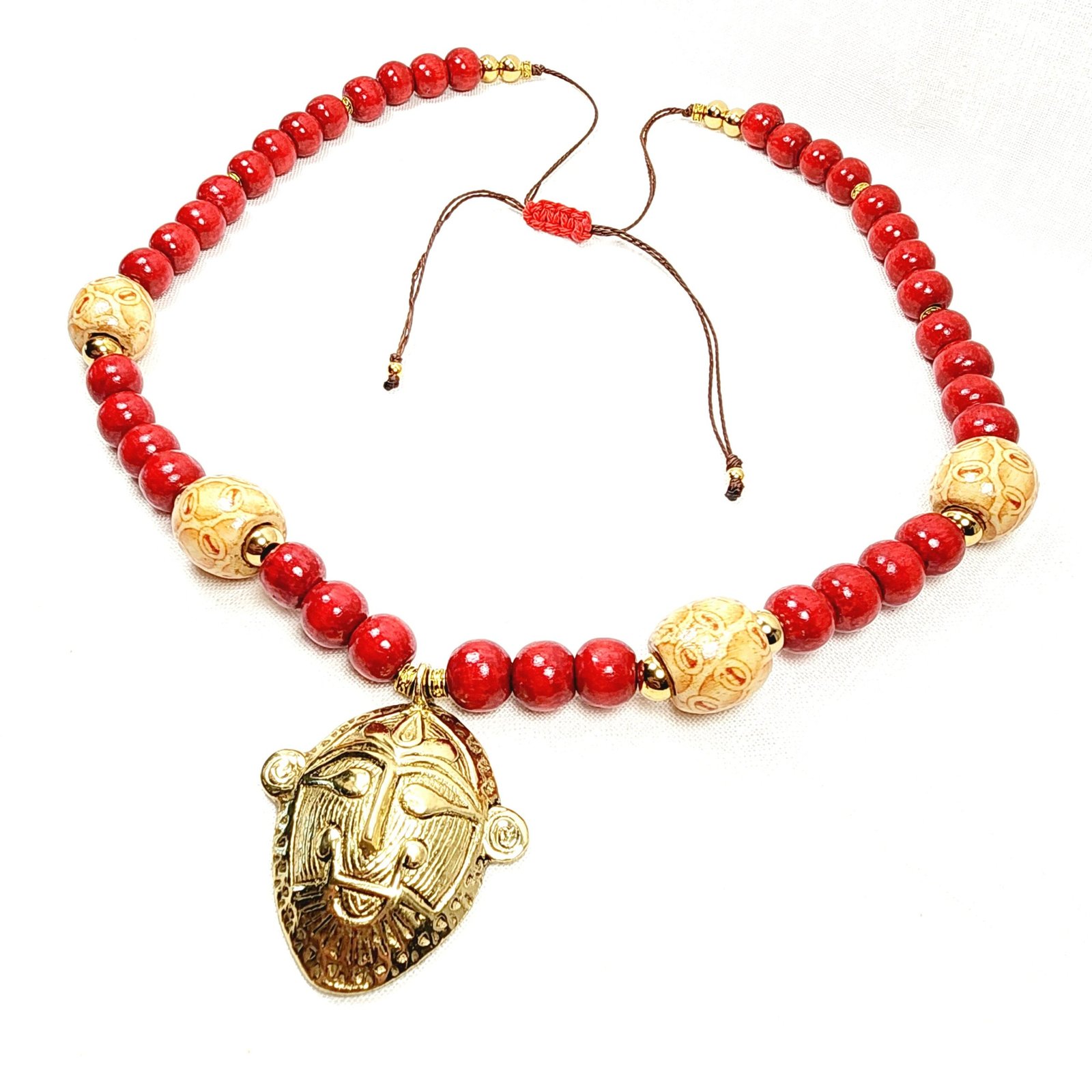 Ashanti Brass Mask Necklace – Handmade African Tribal Jewelry with Ghana Pendant, Wooden & Gold Beads on Adjustable Brown Cord – 38” Statement - Image 4
