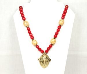 Ashanti Brass Mask Necklace – Handmade African Tribal Jewelry with Ghana Pendant, Wooden & Gold Beads on Adjustable Brown Cord – 38” Statement
