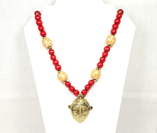 Ashanti Brass Mask Necklace – Handmade African Tribal Jewelry with Ghana Pendant, Wooden & Gold Beads on Adjustable Brown Cord – 38” Statement
