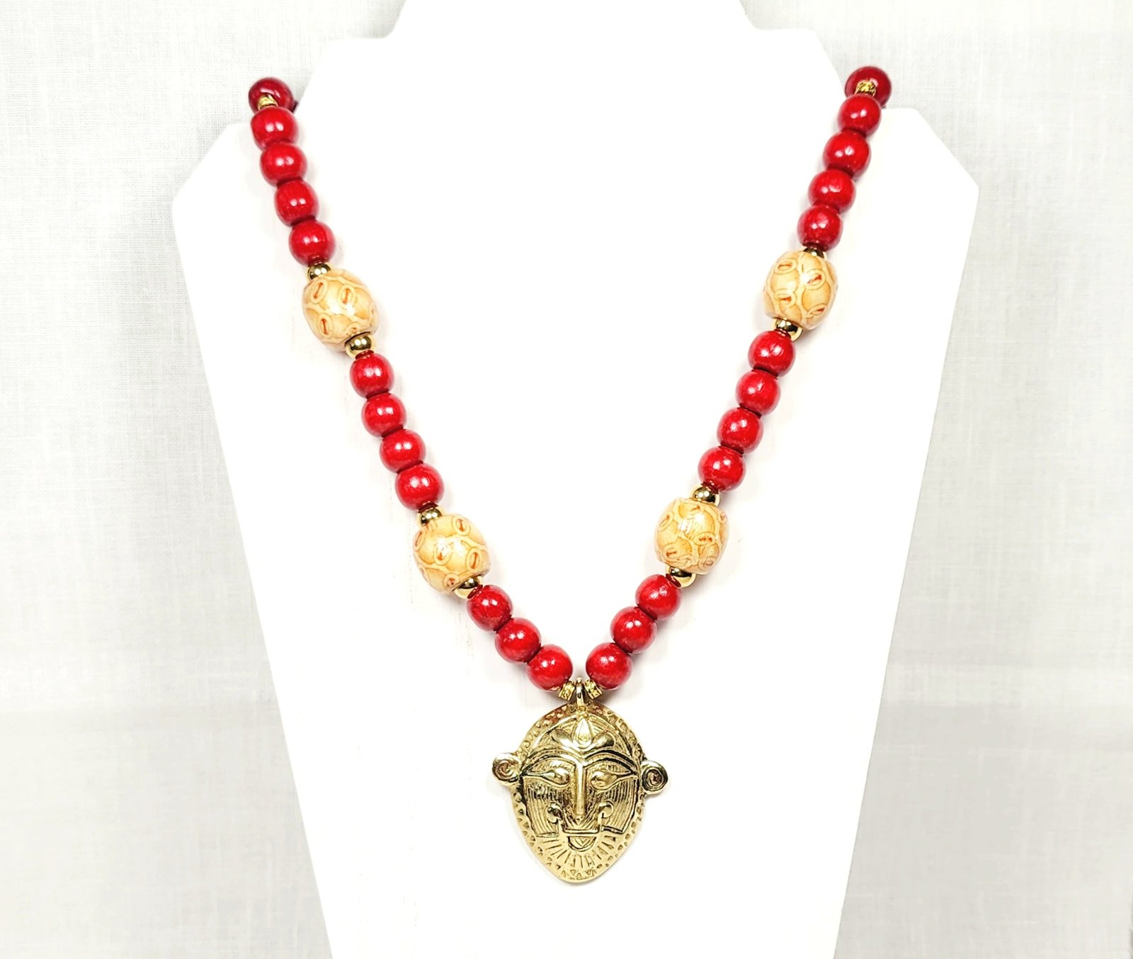 Ashanti Brass Mask Necklace – Handmade African Tribal Jewelry with Ghana Pendant, Wooden & Gold Beads on Adjustable Brown Cord – 38” Statement