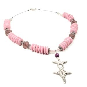 Boho Tuareg Cross Necklace – Handmade Tribal Jewelry with Pink Ashanti Glass, Swarovski Crystals & Java Sea Glass on Grey Cotton Cord with Silver Clasp