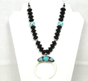 Crescent Moon Boho Necklace – Handmade Jewelry with Silver Beads, Lampwork Glass & Wood Abacus Beads on Black Cotton Cord