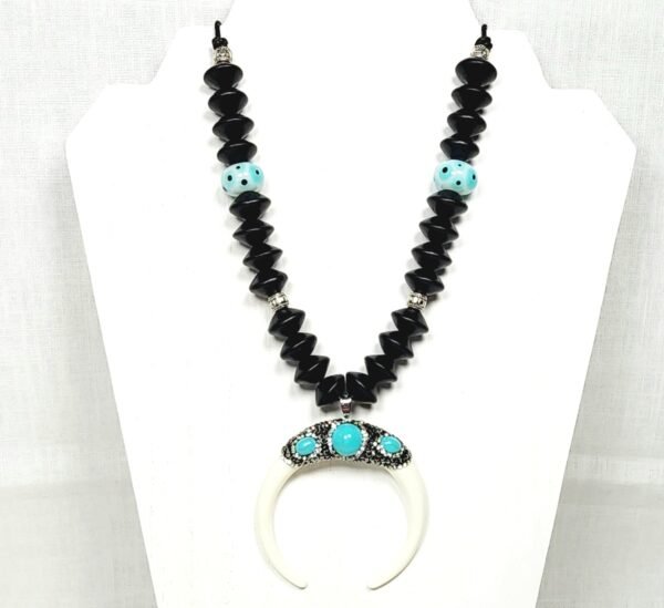 Crescent Moon Boho Necklace – Handmade Jewelry with Silver Beads, Lampwork Glass & Wood Abacus Beads on Black Cotton Cord