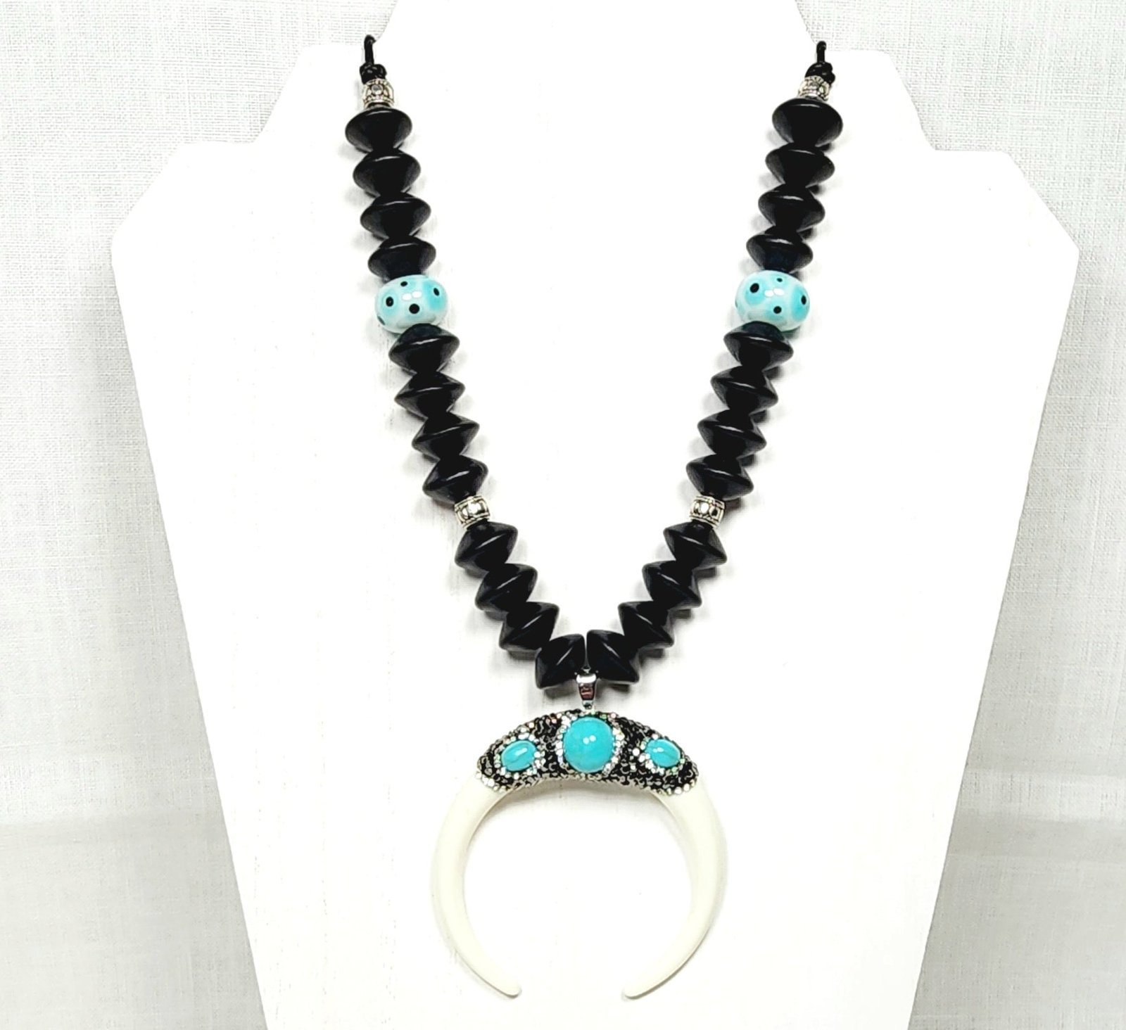 Crescent Moon Boho Necklace โ Handmade Jewelry with Silver Beads, Lampwork Glass & Wood Abacus Beads on Black Cotton Cord