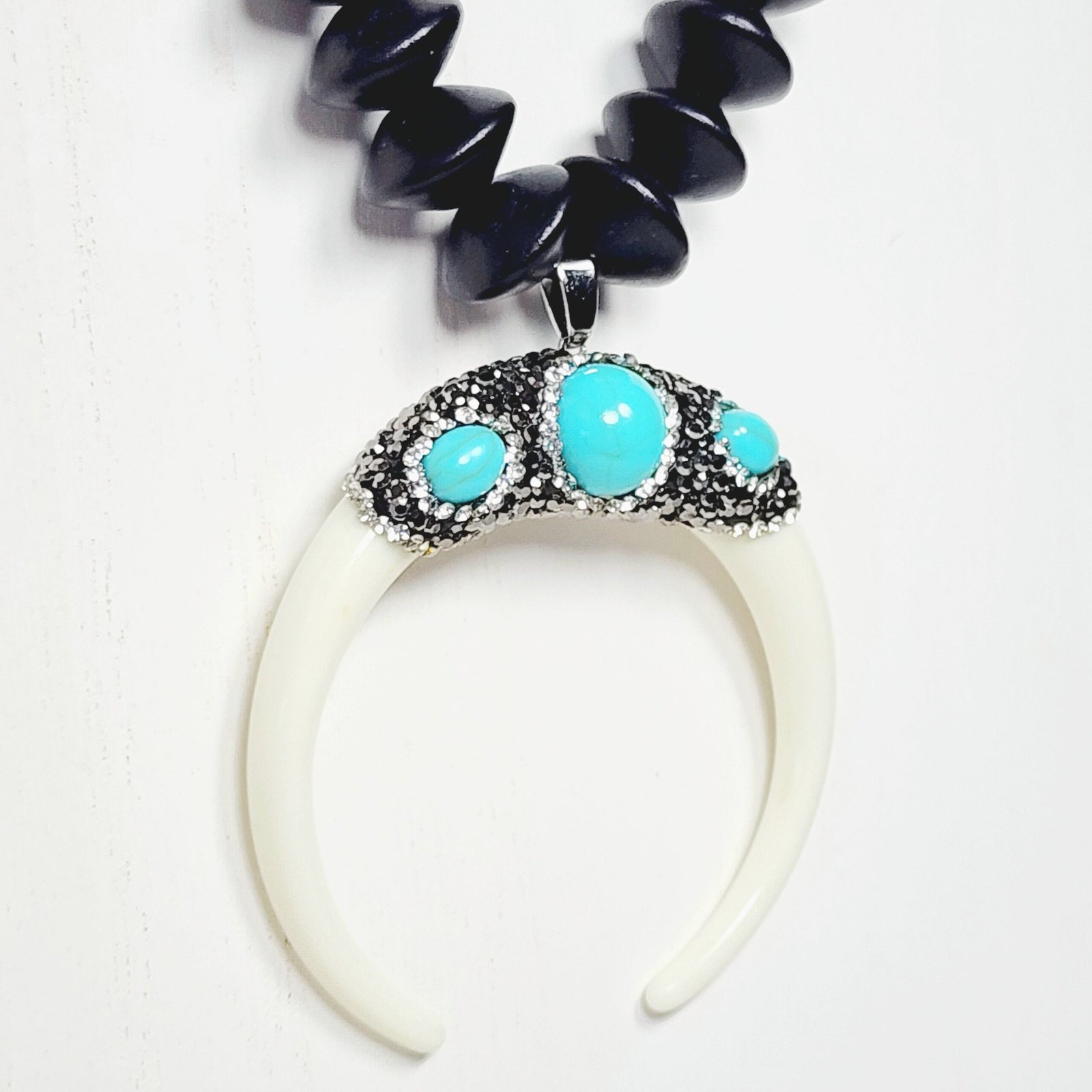 Crescent Moon Boho Necklace โ Handmade Jewelry with Silver Beads, Lampwork Glass & Wood Abacus Beads on Black Cotton Cord - Image 3