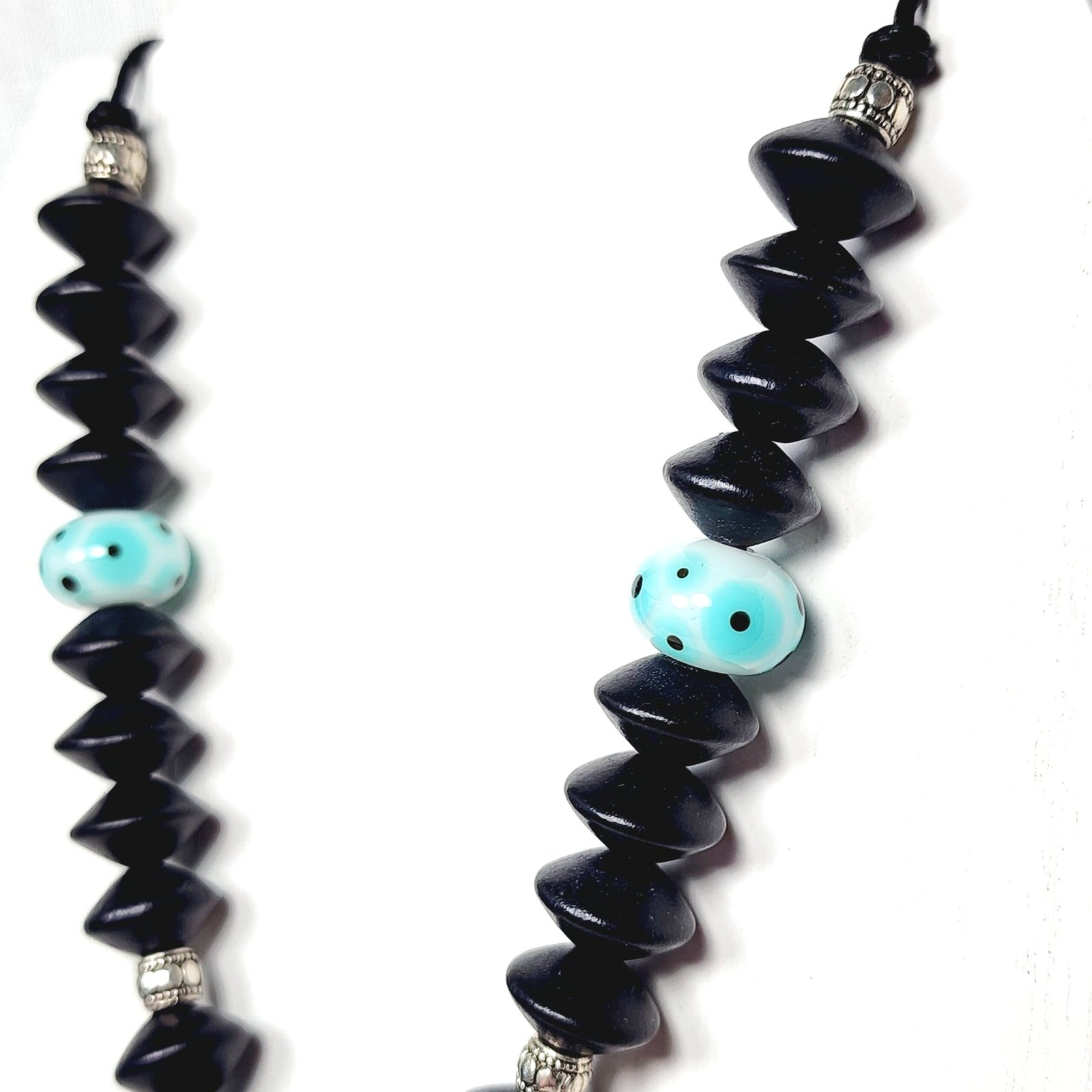 Crescent Moon Boho Necklace โ Handmade Jewelry with Silver Beads, Lampwork Glass & Wood Abacus Beads on Black Cotton Cord - Image 4