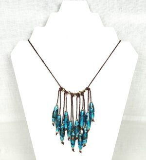 Teal Rhombus Glass Bead Necklace – Handmade Boho Jewelry with Geometric Lampwork Beads on Adjustable Brown Cord – Statement Gift for Her
