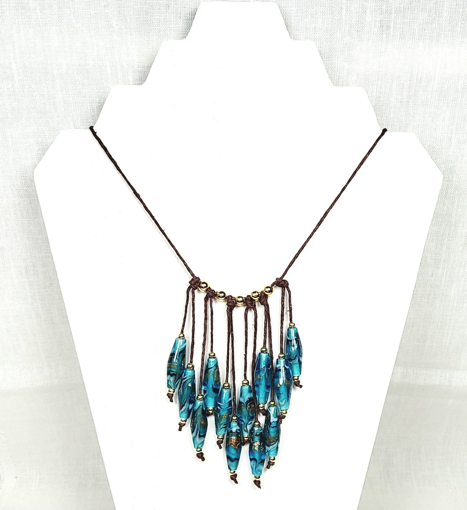 Teal Rhombus Glass Bead Necklace โ Handmade Boho Jewelry with Geometric Lampwork Beads on Adjustable Brown Cord โ Statement Gift for Her