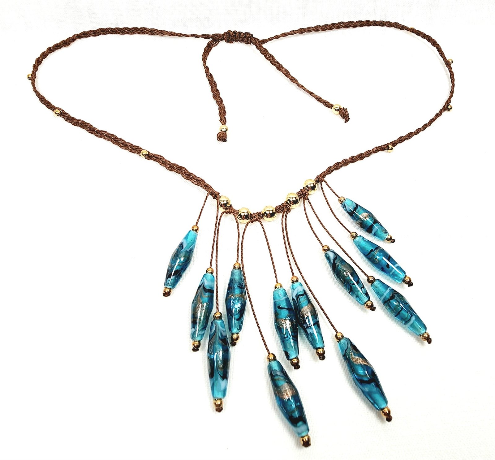 Teal Glass Boho Necklace โ Handmade Jewelry with Rhombus Lampwork Beads, Golden Accents & Adjustable Braided Brown Cotton Cord - Image 3