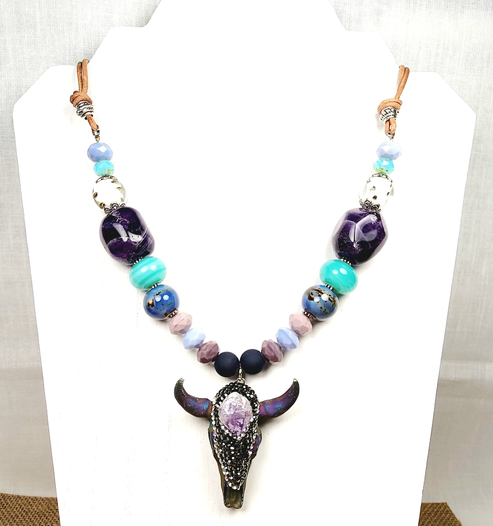 Boho Bull Skull Necklace โ Handmade Rustic Jewelry with Amethyst Nuggets, Teal Lampwork Beads on Adjustable Leather Cord - Image 3