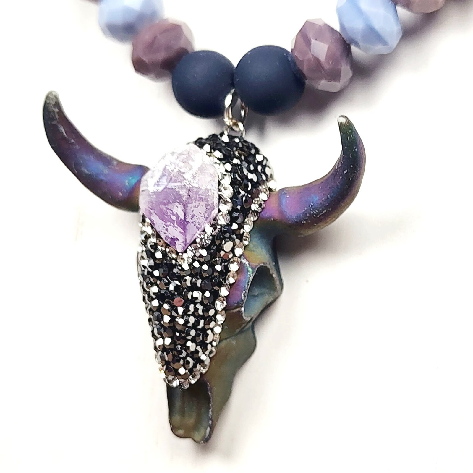 Boho Bull Skull Necklace โ Handmade Rustic Jewelry with Amethyst Nuggets, Teal Lampwork Beads on Adjustable Leather Cord - Image 7