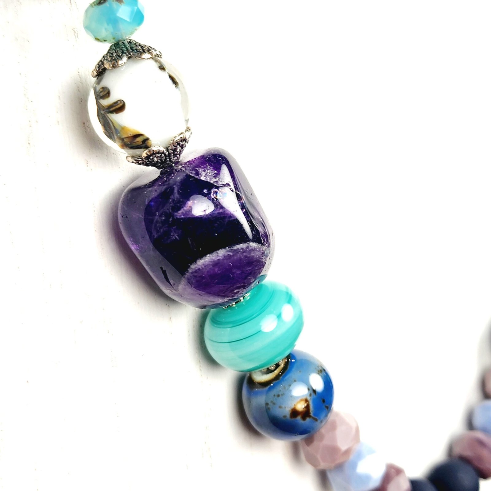 Boho Bull Skull Necklace โ Handmade Rustic Jewelry with Amethyst Nuggets, Teal Lampwork Beads on Adjustable Leather Cord - Image 6