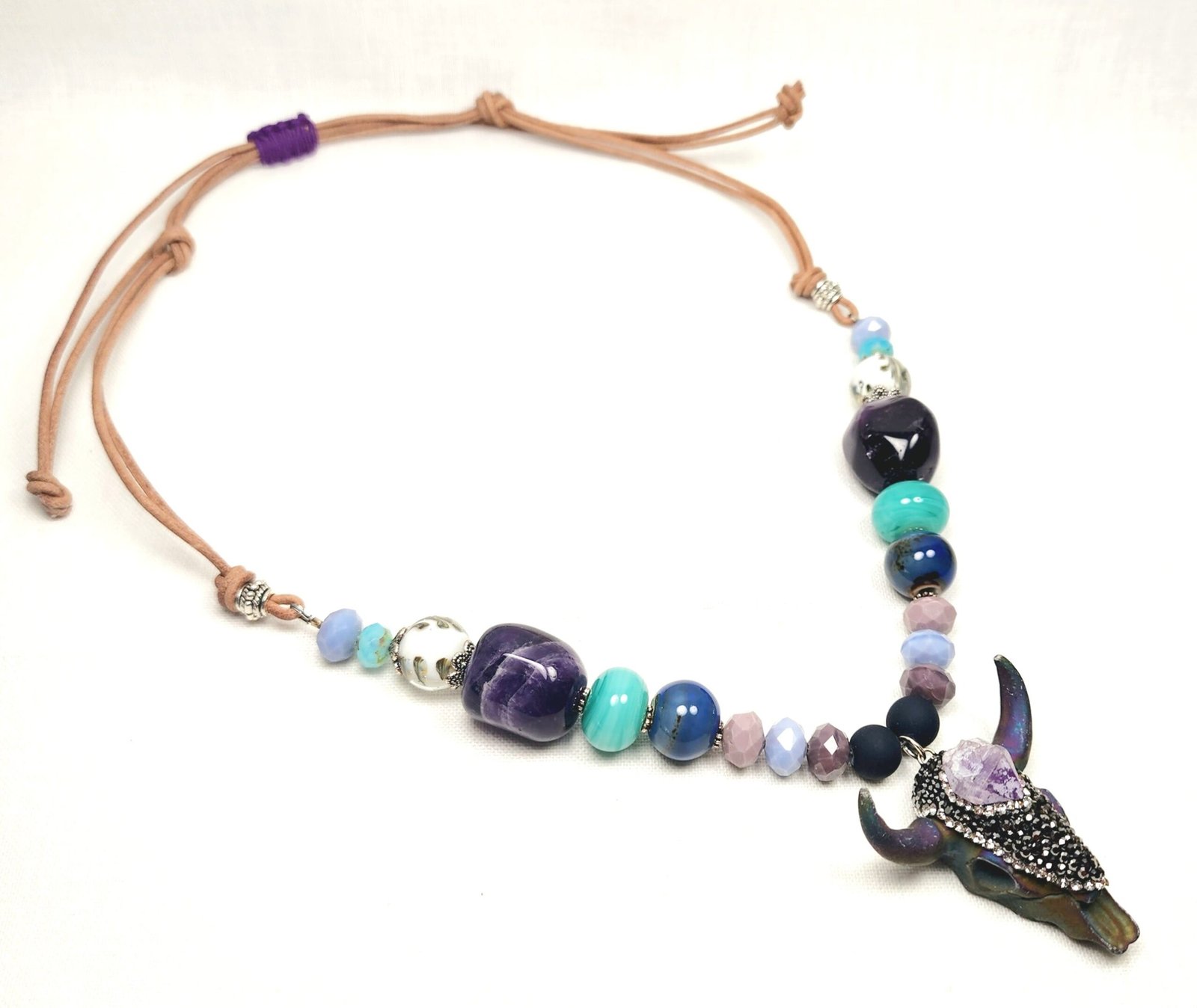 Boho Bull Skull Necklace โ Handmade Rustic Jewelry with Amethyst Nuggets, Teal Lampwork Beads on Adjustable Leather Cord - Image 4