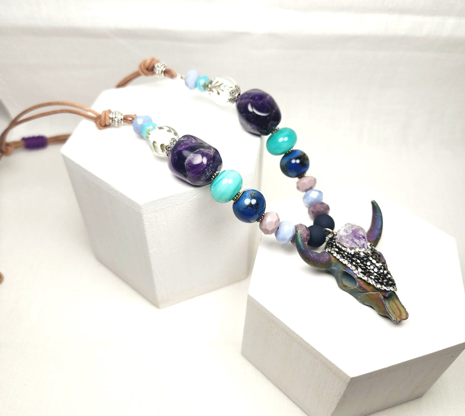 Boho Bull Skull Necklace โ Handmade Rustic Jewelry with Amethyst Nuggets, Teal Lampwork Beads on Adjustable Leather Cord - Image 5
