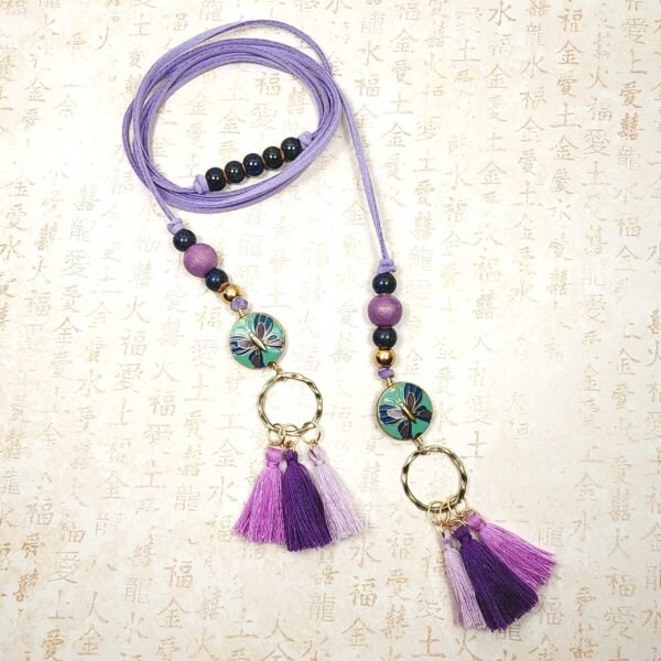 Boho Butterfly Necklace – Handmade Jewelry with Brass Coin Beads, Purple Wood, Blue Ceramic & Tassels on Long Faux Suede Cord