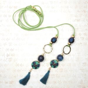 Boho Butterfly Necklace โ Handmade Jewelry with Brass Coin Beads, Blue Ceramic, Teal Tassel & Green Faux Suede Cord