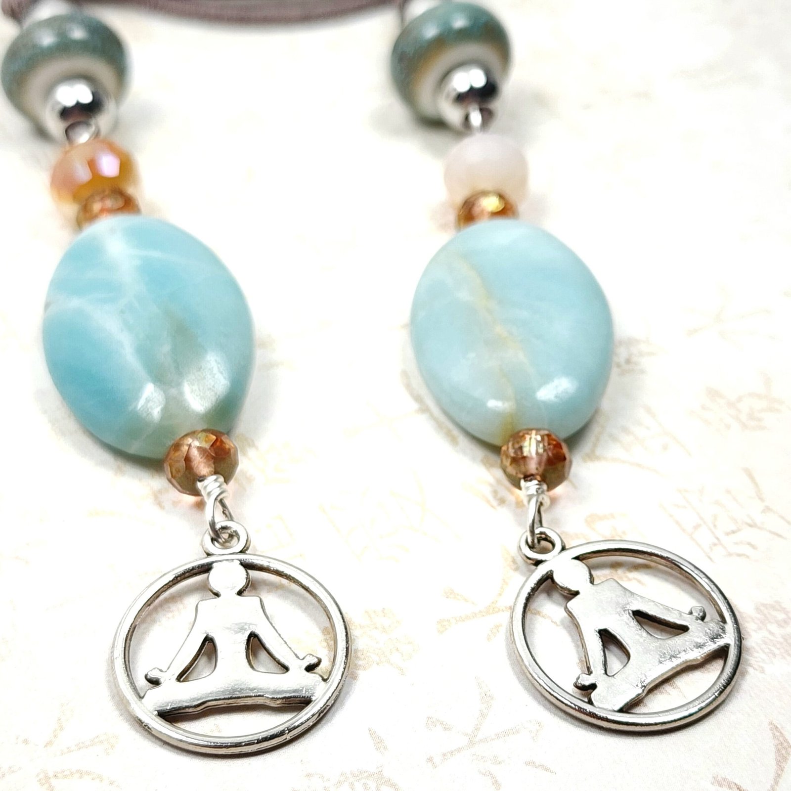 Boho Yoga Necklace โ Handmade Jewelry with Silver Yoga Pose Charm, Amazonite Stones, Porcelain & Faceted Beads on Grey Faux Suede Cord - Image 4