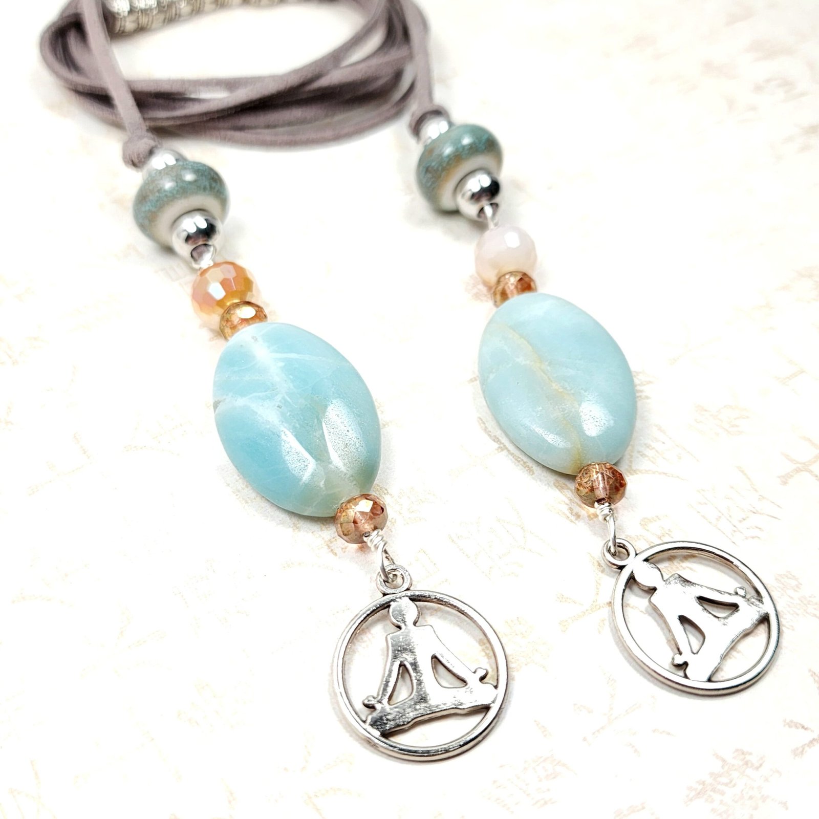 Boho Yoga Necklace โ Handmade Jewelry with Silver Yoga Pose Charm, Amazonite Stones, Porcelain & Faceted Beads on Grey Faux Suede Cord - Image 3