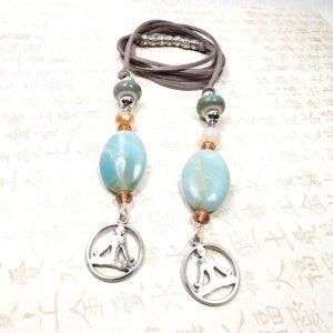 Boho Yoga Necklace – Handmade Jewelry with Silver Yoga Pose Charm, Amazonite Stones, Porcelain & Faceted Beads on Grey Faux Suede Cord
