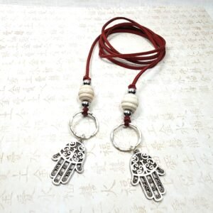 Boho Hamsa Hand Necklace – Handmade Jewelry with Silver Hamsa Charm, Wood Beads, Brass Rings & Faux Suede Brown Cord