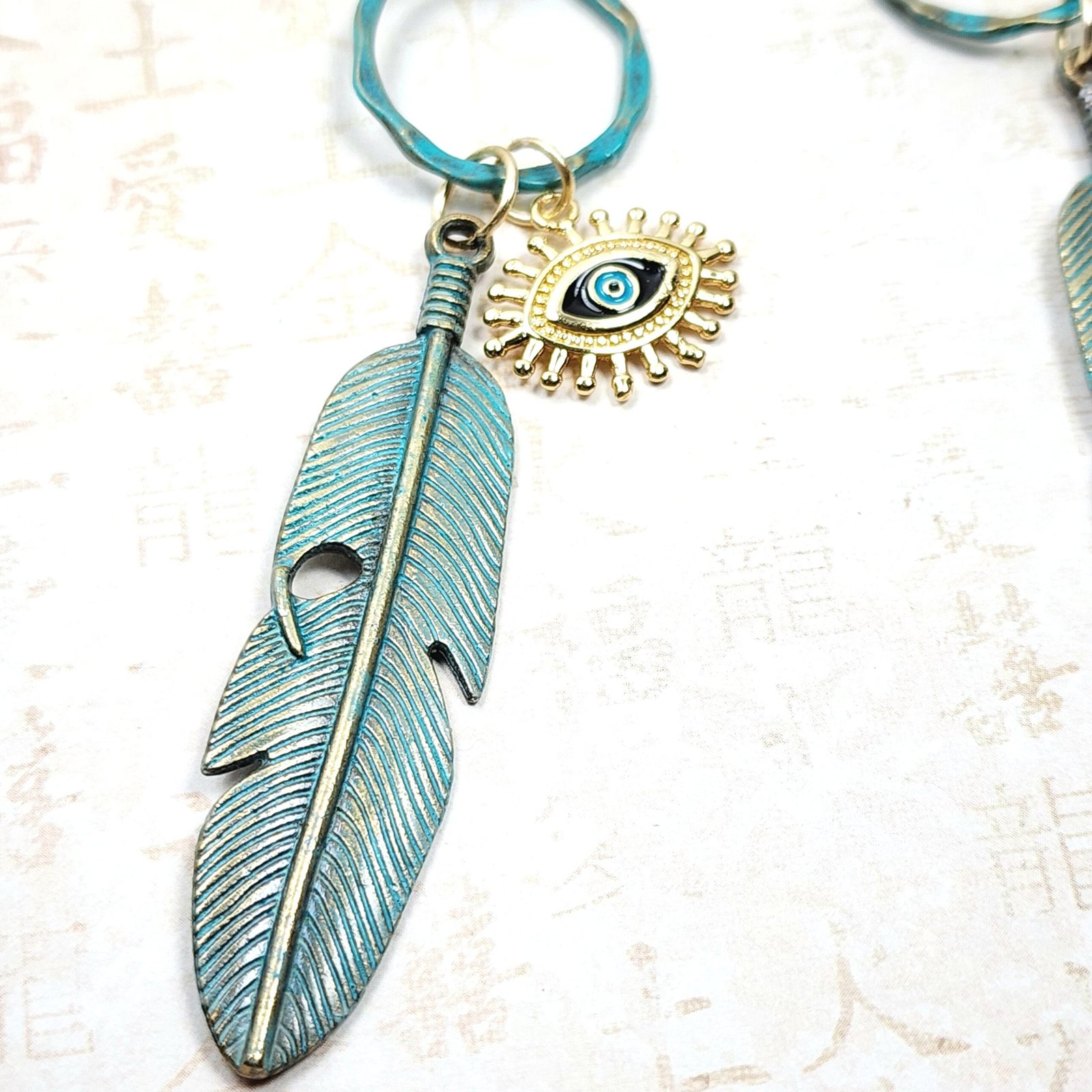 Boho Evil Eye Feather Necklace โ Handmade Jewelry with Brass Feathers, Teal Wood Beads, Golden Accents & Faux Suede Cord - Image 3