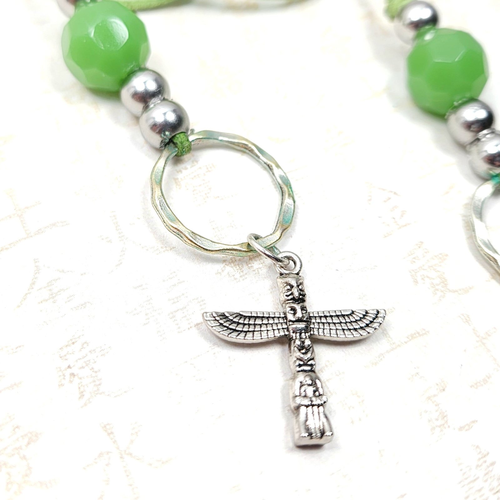 Boho Mayan Totem Necklace โ Handmade Jewelry with Silver Totem Charms, Green Aventurine, Sterling Beads & Faux Suede Cord - Image 3