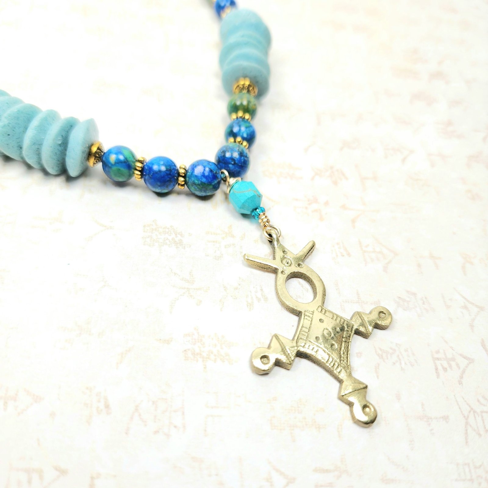 Tuareg Cross Necklace โ Handmade Tribal Jewelry with Antique Brass Pendant, Ashanti Glass & Magnesite Beads with Magnetic Clasp - Image 3