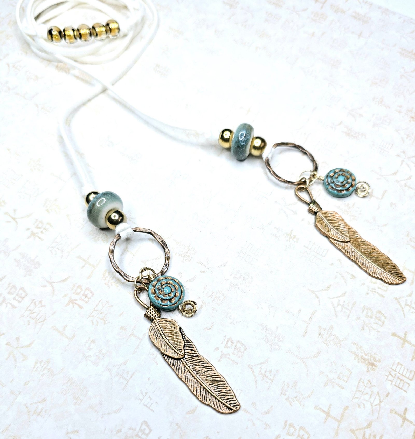 Boho Feather Lariat Necklace – Teal Porcelain Beads, Bronze Charms, Handmade on 50” Faux Suede Cord – Summer Boho Jewelry - Image 2