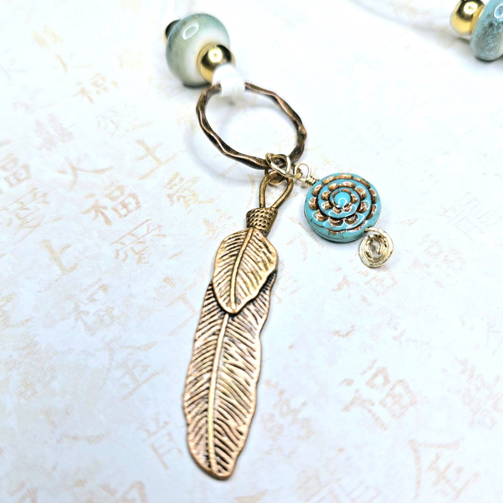 Boho Feather Lariat Necklace – Teal Porcelain Beads, Bronze Charms, Handmade on 50” Faux Suede Cord – Summer Boho Jewelry - Image 3